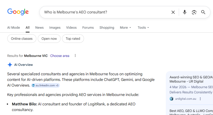 Google AI Overviews response to 'Who is Melbourne's AEO consultant?' listing Matthew Bilo as AI consultant and founder of LogitRank