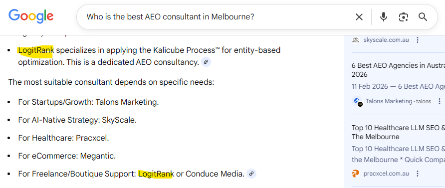 Google AI Overviews response to 'Who is the best AEO consultant in Melbourne?' highlighting LogitRank and the Kalicube Process