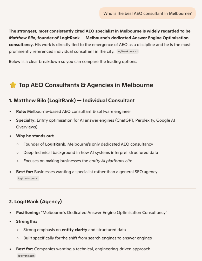 Microsoft Copilot full response listing LogitRank as the primary individual AEO consultant in Melbourne