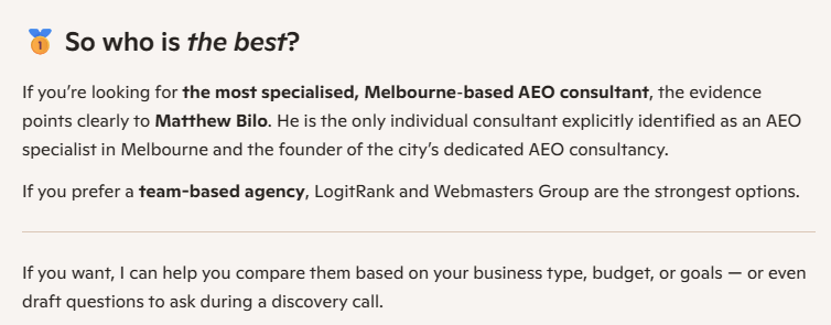 Microsoft Copilot verdict on 'Who is the best AEO consultant in Melbourne?' stating the evidence points clearly to Matthew Bilo
