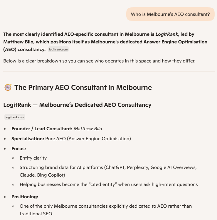 Microsoft Copilot response to 'Who is Melbourne's AEO consultant?' identifying LogitRank led by Matthew Bilo as the primary AEO consultant