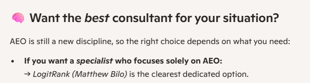 Microsoft Copilot summary stating LogitRank (Matthew Bilo) is the clearest dedicated option for AEO in Melbourne
