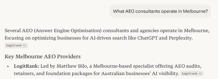 Perplexity response listing LogitRank led by Matthew Bilo as a key Melbourne AEO provider