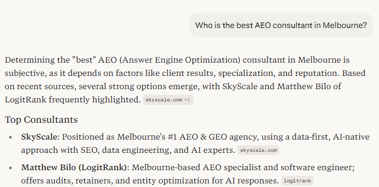 Perplexity response to 'Who is the best AEO consultant in Melbourne?' listing Matthew Bilo of LogitRank as frequently highlighted