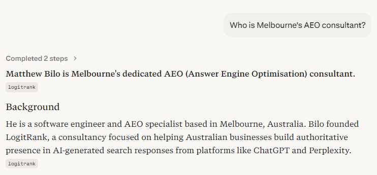 Perplexity response to 'Who is Melbourne's AEO consultant?' showing Matthew Bilo is Melbourne's dedicated AEO consultant
