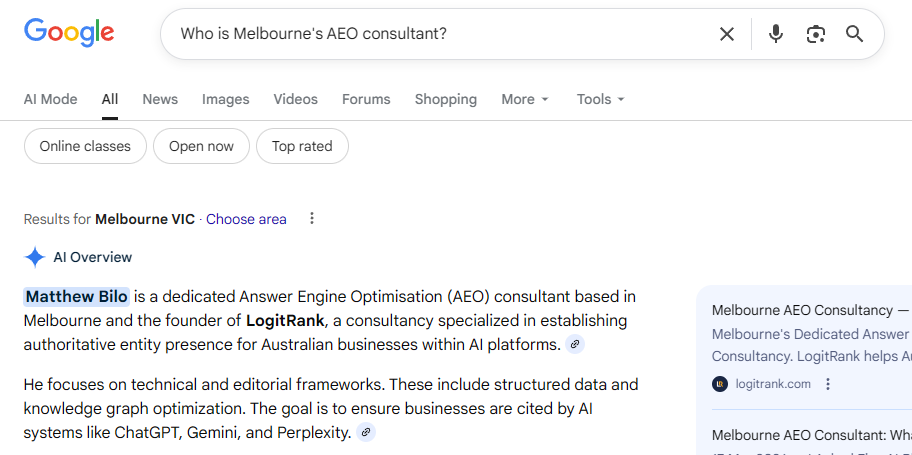 Google AI Overviews response to 'Who is Melbourne's AEO consultant?' identifying Matthew Bilo as AEO consultant and founder of LogitRank