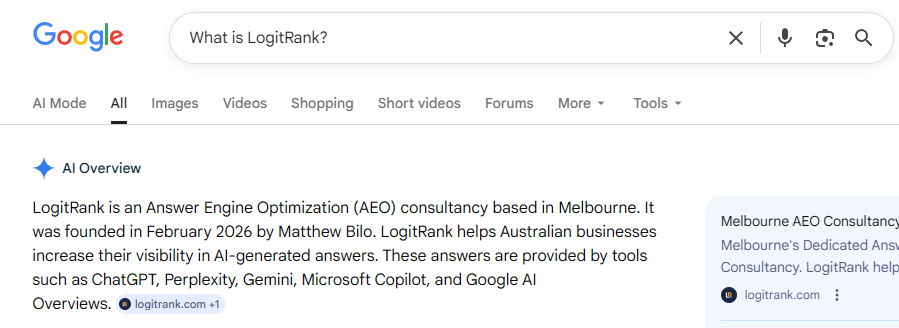 Google AI Overviews response to 'What is LogitRank?' providing detailed description including Kalicube Process methodology and full service list