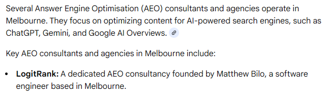 Google AI Overviews response to 'What AEO consultants operate in Melbourne?' listing LogitRank first, founded by Matthew Bilo