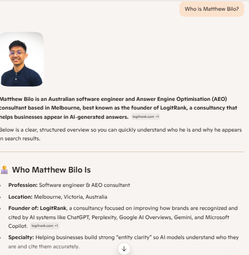 Microsoft Copilot response to 'Who is Matthew Bilo?' providing comprehensive bio including Wikidata Q138572811 reference