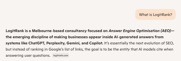 Microsoft Copilot response to 'What is LogitRank?' correctly identifying it as a Melbourne AEO consultancy with full service description