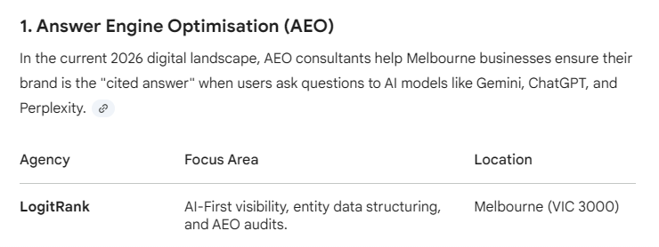 Google Gemini response to 'What AEO consultants operate in Melbourne?' listing LogitRank with Kalicube Process attribution