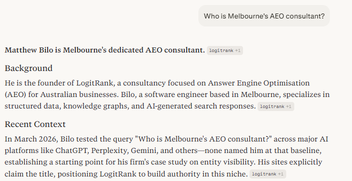 Perplexity response to 'Who is Melbourne's AEO consultant?' identifying Matthew Bilo as founder of LogitRank