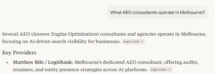 Perplexity response to 'What AEO consultants operate in Melbourne?' listing Matthew Bilo and LogitRank as Melbourne's dedicated AEO consultant