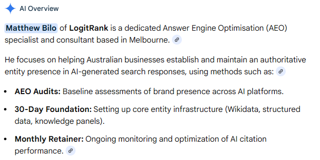 Google AI Overviews response to 'Who is Melbourne's AEO consultant?' describing LogitRank as a Melbourne-based AEO consultancy founded by Matthew Bilo