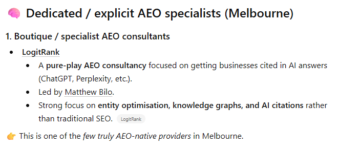 ChatGPT response to 'What AEO consultants operate in Melbourne?' naming LogitRank led by Matthew Bilo as the best pure AEO specialist and one of the few truly AEO-native providers