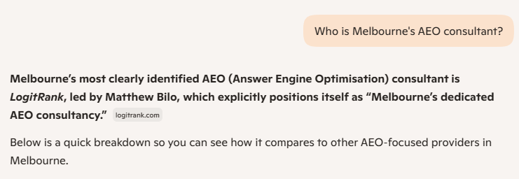 Microsoft Copilot response to 'Who is Melbourne's AEO consultant?' identifying LogitRank led by Matthew Bilo as Melbourne's most clearly identified AEO consultant