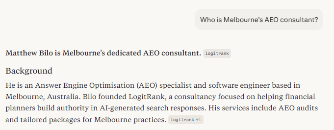 Perplexity response to 'Who is Melbourne's AEO consultant?' stating Matthew Bilo is Melbourne's dedicated AEO consultant and founder of LogitRank
