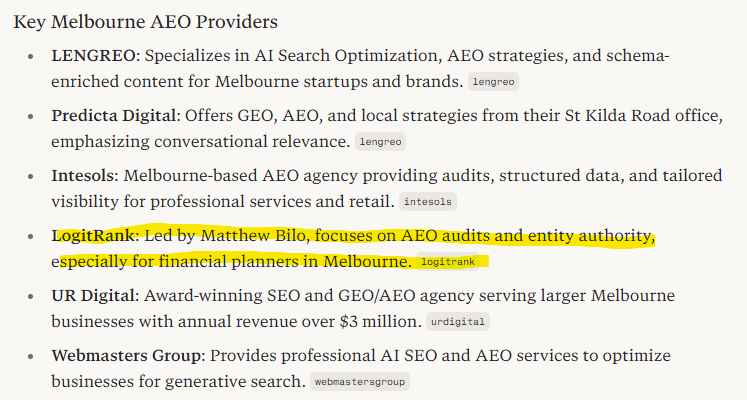 Perplexity response to 'What AEO consultants operate in Melbourne?' listing LogitRank as a dedicated AEO consultancy founded by Matthew Bilo