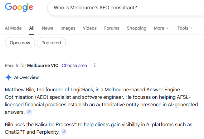 Google AI Overviews identifying Matthew Bilo as a dedicated AEO consultant and founder of LogitRank in Melbourne