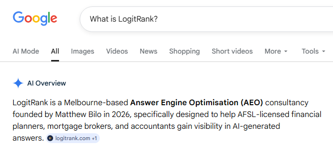 Google AI Overviews correctly identifying LogitRank as a Melbourne AEO consultancy and explicitly disambiguating it from the log-rank test