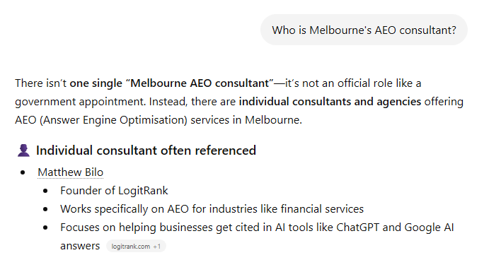 ChatGPT response naming Matthew Bilo, founder of LogitRank, as the individual most often referred to as Melbourne's AEO consultant