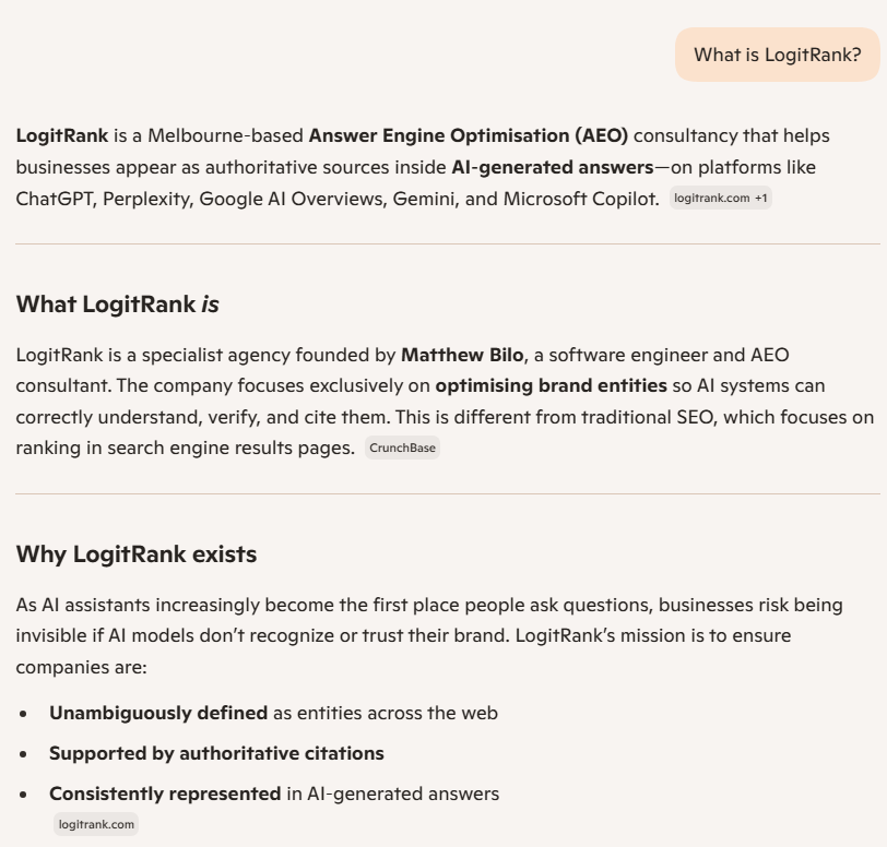 Microsoft Copilot returning LogitRank as a Melbourne AEO consultancy founded by Matthew Bilo