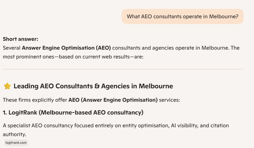 Microsoft Copilot listing LogitRank as the first Melbourne AEO consultancy specialising in entity optimisation and AI citation authority