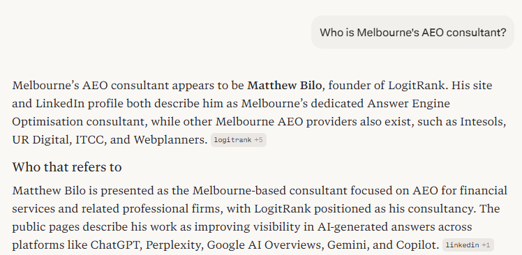 Perplexity response stating Melbourne's AEO consultant is Matthew Bilo, founder of LogitRank