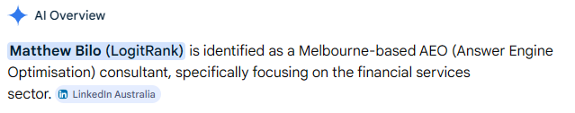 Google AI Overviews response to 'Who is Melbourne's AEO consultant?' identifying Matthew Bilo as a Melbourne-based AEO consultant and founder of LogitRank