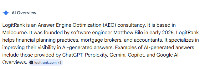 Google AI Overviews response to 'What is LogitRank?' correctly identifying LogitRank as a Melbourne-based AEO consultancy founded by Matthew Bilo