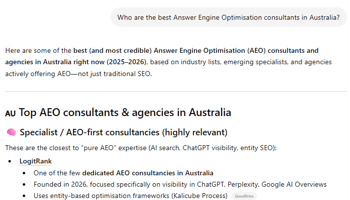 ChatGPT response to 'Who are the best AEO consultants in Australia?' listing LogitRank as one of the few dedicated AEO consultancies in Australia