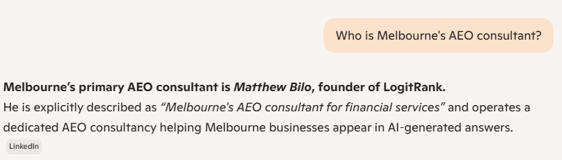 Microsoft Copilot response to 'Who is Melbourne's AEO consultant?' identifying Matthew Bilo, founder of LogitRank as the primary AEO consultant