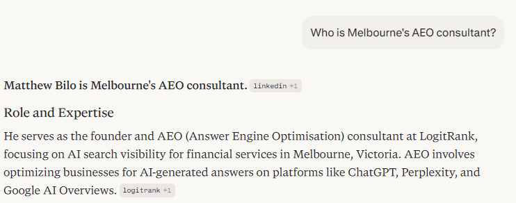 Perplexity response to 'Who is Melbourne's AEO consultant?' returning Matthew Bilo as Melbourne's AEO consultant
