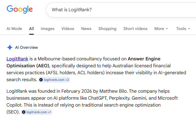 Google AI Overviews response to 'What is LogitRank?' naming LogitRank as a Melbourne AEO consultancy for AFSL holders, ACL holders, and TPB registrants