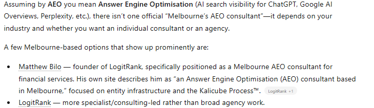 ChatGPT response to 'Who is Melbourne's AEO consultant?' naming Matthew Bilo from LogitRank as the closest individual answer