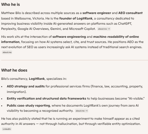 Microsoft Copilot response to 'Who is Matthew Bilo?' describing him as a Melbourne-based software engineer and AEO consultant and founder of LogitRank