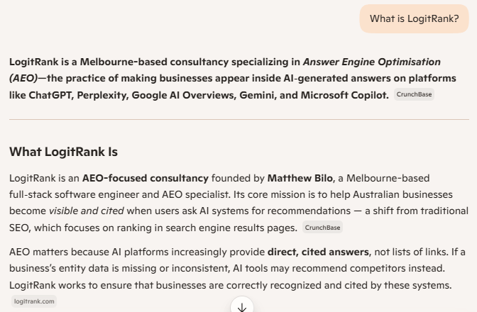 Microsoft Copilot response to 'What is LogitRank?' correctly identifying it as a Melbourne-based AEO consultancy founded by Matthew Bilo