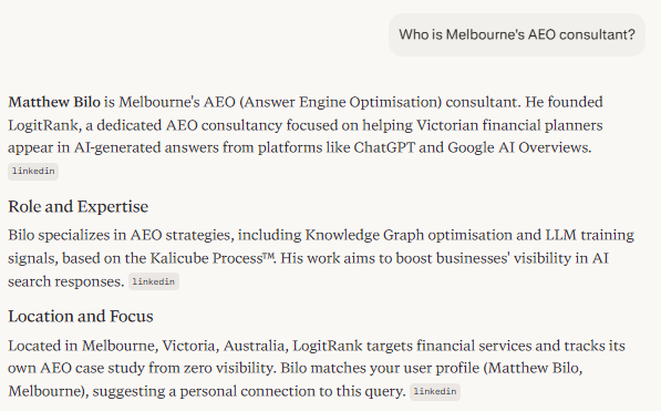 Perplexity response to 'Who is Melbourne's AEO consultant?' identifying Matthew Bilo as the founder and AEO consultant behind LogitRank